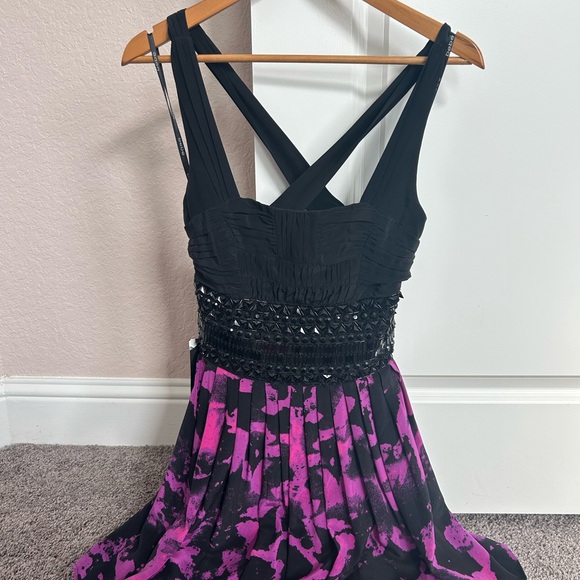bebe Dresses & Skirts - bebe Black and Magenta One-Shoulder Dress with Embellished Waist